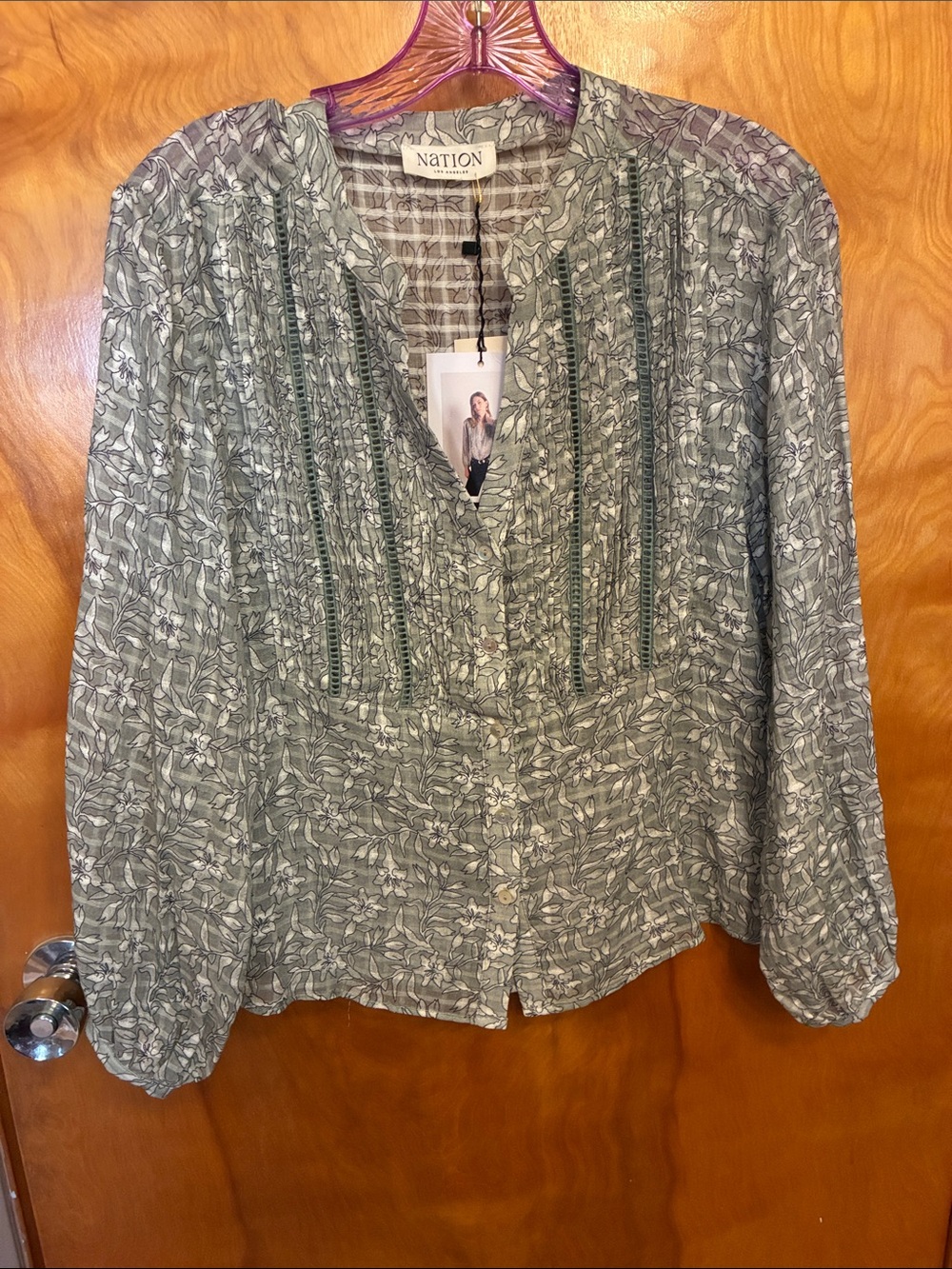 NATION LA. Size Small. Botanical Print Button-Front Blouse in Sage. GORG NWT